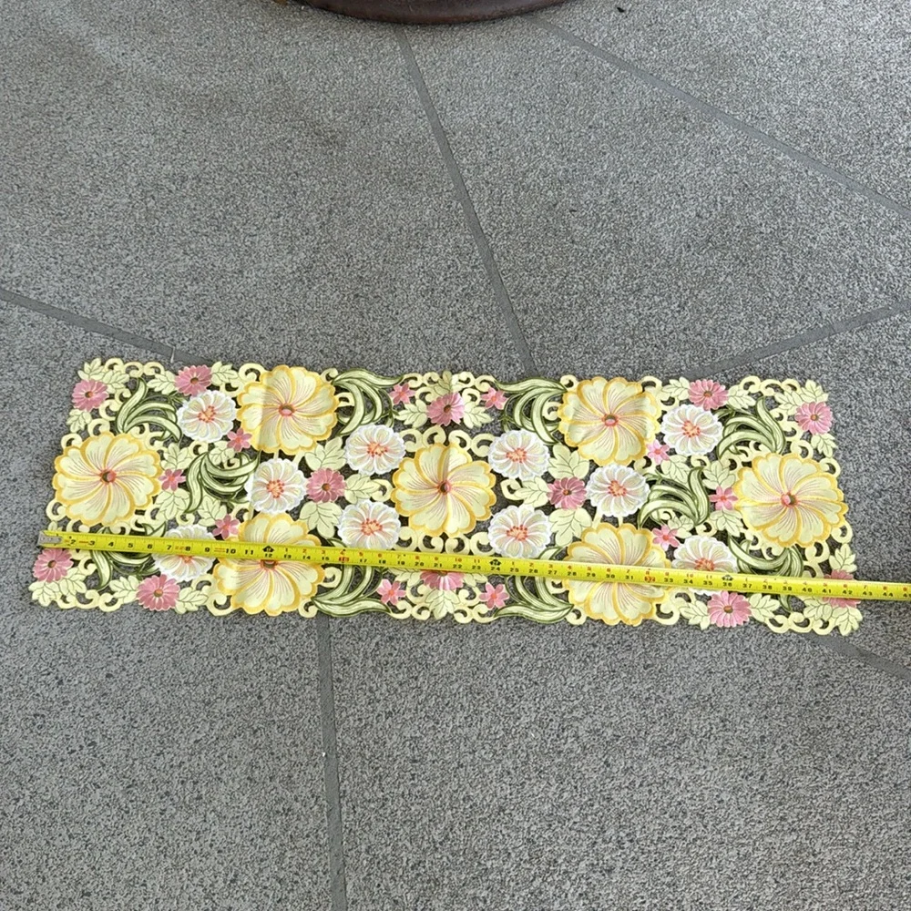 Vintage yellow pink floral embroidered cut out spring Easter table runner 43x15”